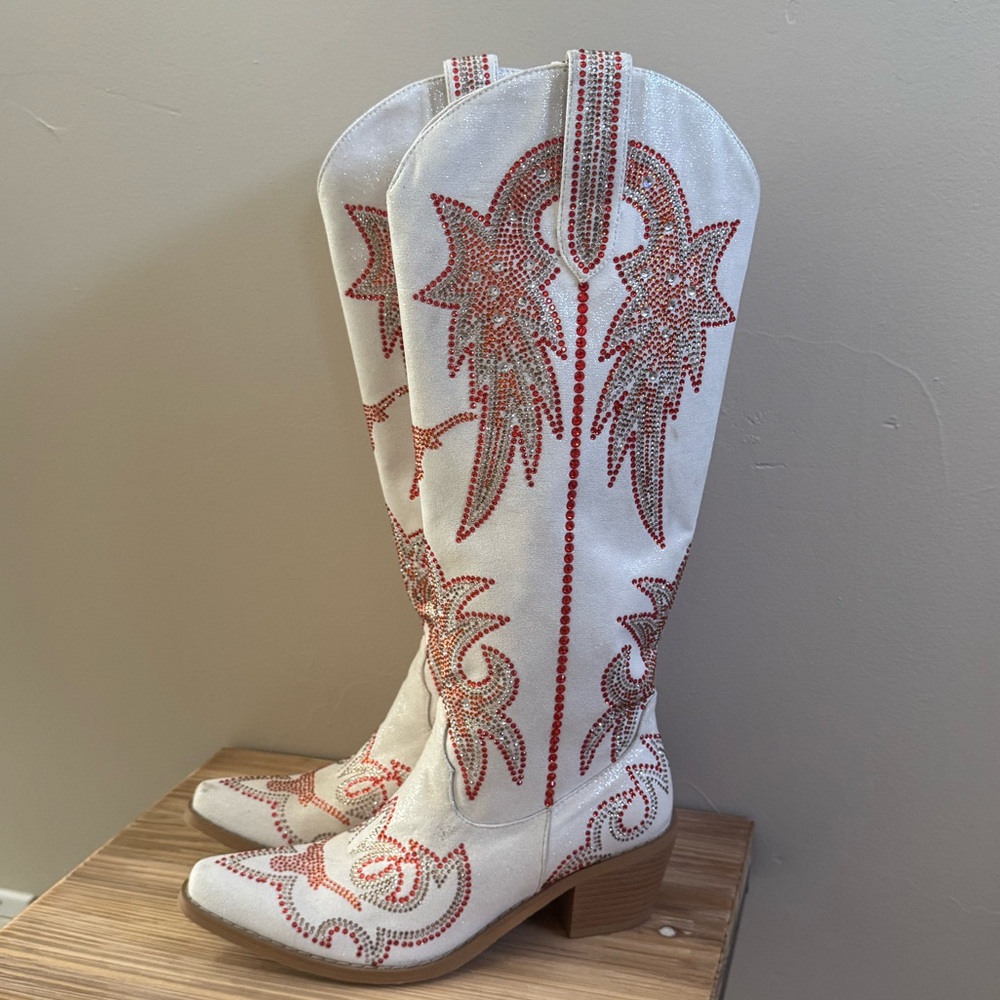 White and Orange Embellished Women's Cowboy Boots